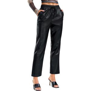 SANTINY Women's Faux Leather Pants High Waisted Straight Leg Cropped Ankle Trousers Vegan Matte Pleather Pants for Women (Black, L)