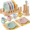 Toyssa Wooden Play Kitchen Accessories Montessori Toys for Toddlers 3-5, Play Dishes for Kids Kitchen with Realistic Dishes & Plates & Tableware, Christmas Birthday Gifts for 3 4 5 6 Years Girls Boys
