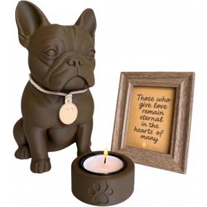 French Bulldog Keepsake Urn Pet Memorial Sculpture with Candle & Ritual Kit Holds Dog Ashes Wood Look Biobased Material Remembrance Gift for Loss of Pet