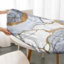 Marble Grain 48 Inch Round Fitted Cloth Tablecloth with Elastic Edged, Waterproof Oil Proof Wipeable Table Cover for Indoor Outdoor Patio Table, Fits Round Tables Up to 46" - 50" Diameter