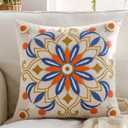 Embroidered Throw Pillow Cover 22x22 Classic Boho Floral Pattern Pillows Cover Outdoor Decorative Pillowcase,Durable Cozy Textured Cushion Case for Sofa Couch Bed Living Room,Orange Blue