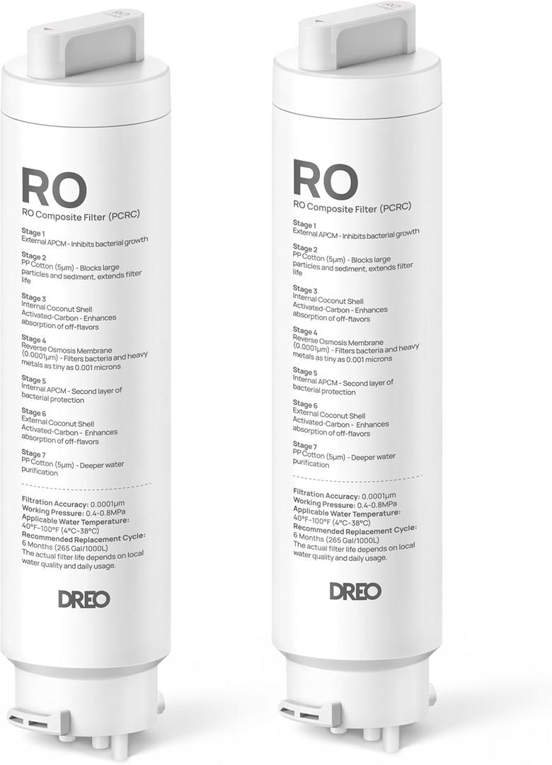 DREO 2-Pack Reverse Osmosis Filter, Replacement for DREO RO Water Filter 112 & 113 & 114 & 115, Removes 99.99% of Contaminants including PFOA, PFOS, Chlorine, 6-12 Month per Cartridge, SGS Tested