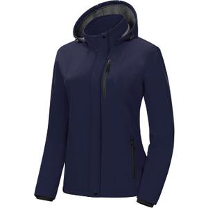 Pursky Women's Softshell Jacket Lightweight Fleece Lined Rain Jacket Waterproof Warm Windbreaker Coat With Removable Hood, XL