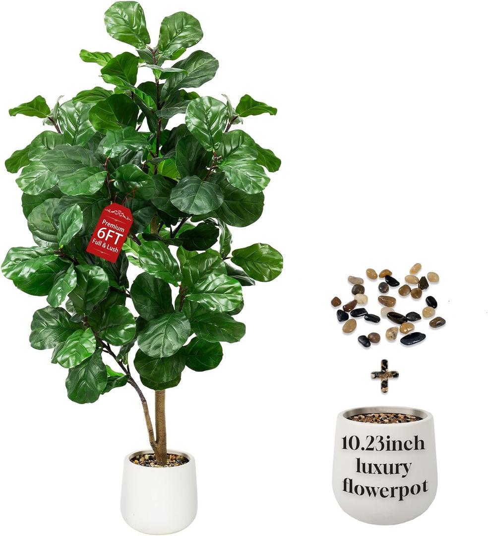 Faux Fiddle Leaf Fig Tree 6ft Tall Indoor Fake Tree in White Pot with 106 Leaves Artificial Ficus Lyrata House Plant for Indoor Home Office Bedroom Living Room Decor Perfect Housewarming Gift