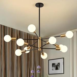 KAISITE Modern Chandelier Dining Room Light Fixture Over Table 10Light Sputnik Chandelier Ceiling Light Fixture Height Adjustable Black and Gold Mid Century Pendant Lighting for Kitchen Living Room