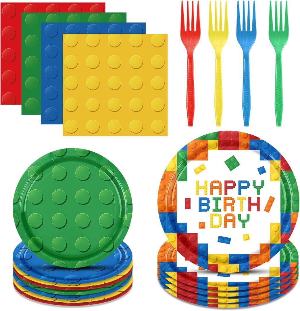 96PCS Building Blocks Birthday Party Supplies Building Blocks Themed Party Decorations Colorful Paper Plates Napkins Forks Set for Boys Kid’s Birthday Party Decor
