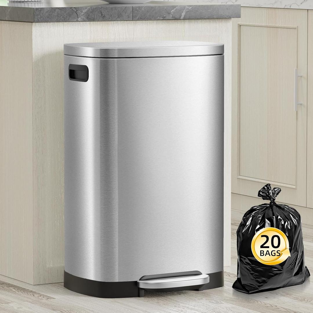 13 Gallon Trash Can with Lid, 50L Fingerprint Proof Stainless Steel Kitchen Trash Can with Removable Inner Bucket and Lid Soft Close, Pedal Rubbish Bin for Home Office (Silver)