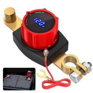 Joinfworld Top Post Battery Disconnect Switch 12V-48V with Led Voltmeter, DC 5-60V Battery Kill Switch Negative On/Off Battery Cut Off Switch for Marine, Cars, Vehicles, RVs and Boats