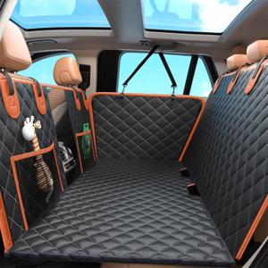 Dog Car Seat Cover for Back Seat, Hard Bottom Up to 500lbs Back Seat Extender for Dogs, Waterproof Non-Slip Sturdy Breathable Comfortable Dog Hammock for Car, SUV,Truck (BlackOrange)