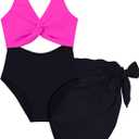 Funnycokid Girls One Piece Swimsuit Color Block Teen Bathing Suit with Pad Cover Up Skirt(7-16Y)