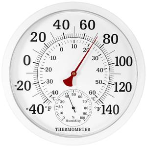 10.5 Inch Indoor Outdoor Thermometer Large Numbers - Weather Thermometer Hygrometer Waterproof, No Battery Needed Outdoor Thermometers for Patio, Home, Garden Decoration (White)