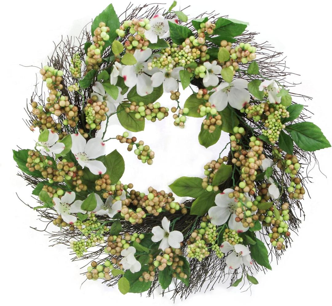 Admired By Nature 22" Artificial White Dogwood Berry Wreath Spring Summer Wreaths for Front Door Farmhouse Wreaths Outdoor Indoor decorative door Wreath For Front Door Home Office Holidays Dcor (White Dogwood Wreath)