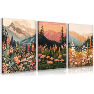 KBKBART Boho Colorful Landscape wall art Set of 3, Wildflower Mountain Wall Decor Vintage Floral Forest Paintings Rustic Nature Pictures Canvas Prints for Living Room Bedroom Dining Room 12x16 Inch