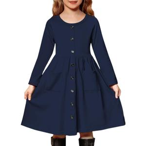 Arshiner Girl's Dresses Button Down Midi Long Sleeve Casual Sundress A-line Dress with Pockets (9-10 Years)