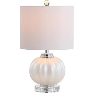 JONATHAN Y 17.5" White/Chrome Glass Table Lamp, Modern Crystal Bedside Lamp for Bedroom Living Room Nightstand, Glam Ribbed Accent Lamp, White Faux Silk Shade, LED Bulb JYL2076A