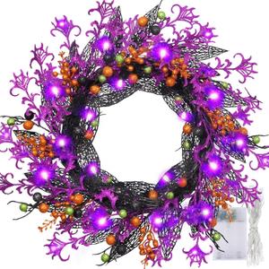 24 Inch Halloween Fall Wreath for Front Door, Artificial Autumn Door Wreath with Black and Orange Berry Leaves, Gothic Flower Wreath for Indoor Outdoor Window, Porch, Wall,