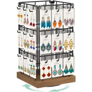 EsLuker.ly Rotating Earring Display Holder Stand for Vendors Events Selling, Large Capacity 36 Hooks Jewelry Rack with Wooden Base for Earring Card Sales, Enhances Retail Visibility(Brown)