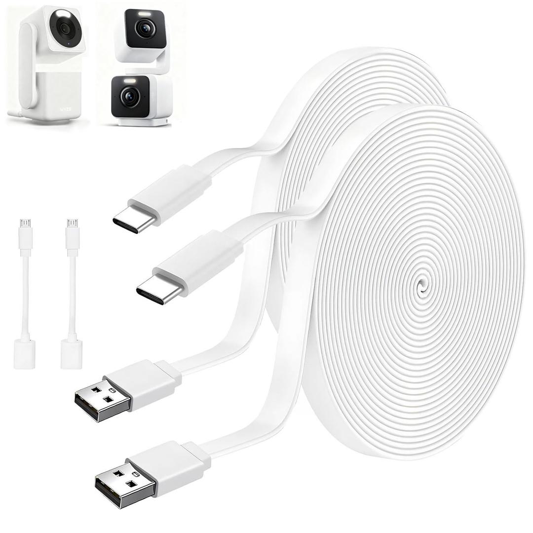 25FT USB C Extension Cable for CCTV Camera,WYZE Duo Cam Pan Indoor/Outdoor,WYZE Cam Pan v4,Wyze Cam v3,Wyze OG,Petcube Cam 360/TP-Link Tapo C120,USB to Type C Long Flat Charging Charger Cord -2 Pack
