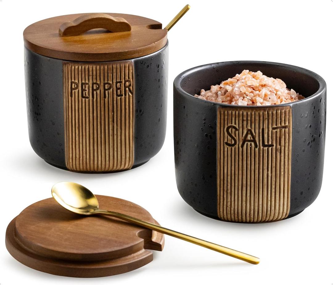 Salt and Pepper Bowl, Ceramic Salt Containers for Countertop, Salt and Pepper Cellar with Lid and Spoons, Black (Set of 2)