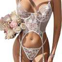 Lilosy Sexy Lingerie Sets for Women Classy, Lace Womens Corset Teddy Lingerie 3 Piece with Garter Belt M