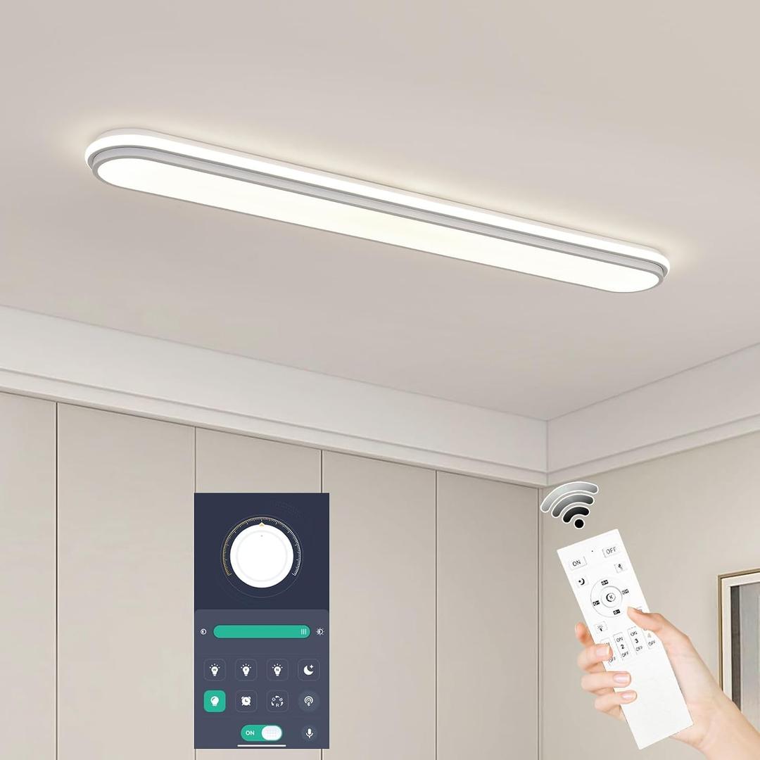 Smart 4Ft Linear LED Ceiling Light, 68W Dimmable Flush Mount Wraparound Fixture with Remote Control, Modern Metal Design, Suitable for Energy-Saving LED Lighting for Home Use