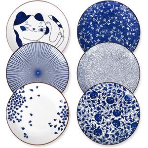 Selamica 10 Inch Kitchen Serving Plates, Large Dessert Plates Ceramic for Salad Pasta Steak, Microwave Dishwasher Safe, Set of 6, Blue