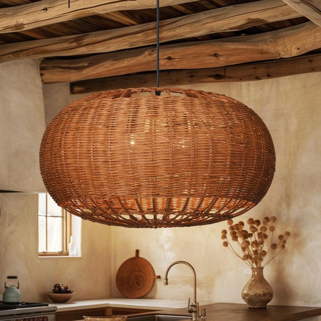 Arturesthome Large Rattan Pendant Light for Dining Room,2-Light Farmhouse Chandelier Wicker Chandelier Boho Hanging Light Fixture for Kitchen Foyer Restaurant