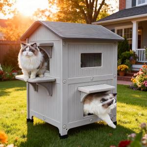 Rockever Plastic Insulated Outdoor Cat House with Escape Door, 2 Story Waterproof Cat House for Outdoor Cats for Feral Cats, Elevated Outside Cat Shelter, Clean and Assemble Easily 21.5"D x 21"W x 34"H