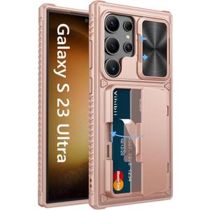 Vihibii for Samsung Galaxy S23 Ultra Case with Card Holder (4 Cards), Slide Camera Cover & Stand, Raised Edges Protect Screen & Military Grade Drop Protection Case for Galaxy S23 Ultra 5G 6.8", Gold