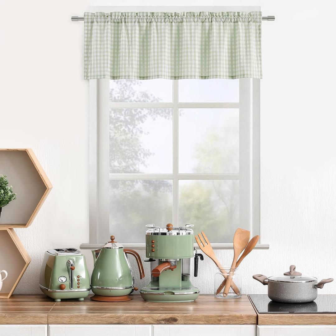 ZJDECOR Sage Green White Buffalo Plaid Valance for Kitchen Bathroom,Gingham Crinkled Not-See-Through Sheer Cafe Curtains,Farmhouse Window Treatment,Rod Pocket,52" Wx15 L(Pack of 1)