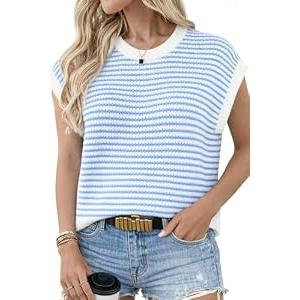 Women’s Striped Knit Sweater Vest Top, Sleeveless Crewneck Chunky Knit Pullover, Casual Loose Fit Lightweight Summer Top (US, Alpha, X-Large, Regular, Regular, Light Blue)