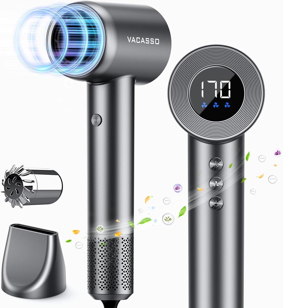 High Speed 110,000 RPM Blow Dryer - Negative Ionic for Hair Care, HD Display, 360 Rotating Nozzle, Low Noise for Home & Travel (Bright Gray)