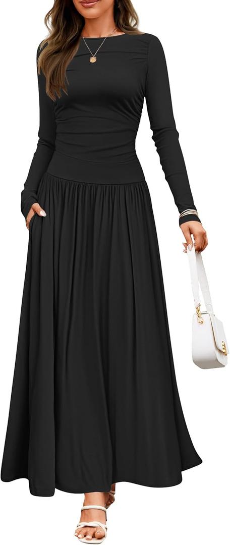 ZESICA Women's Long Sleeve Fall Maxi Dress 2026 Crewneck Knit Casual Slim Swing Pleated Dresses with Pockets (Black, M)