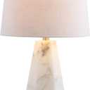 JONATHAN Y 25.5" Natural Alabaster/Brass Gold Modern Table Lamp for Bedroom, White Linen Shade, Contemporary Bedside Nightstand Lamp for Living Room, LED Bulb Included JYL6205A