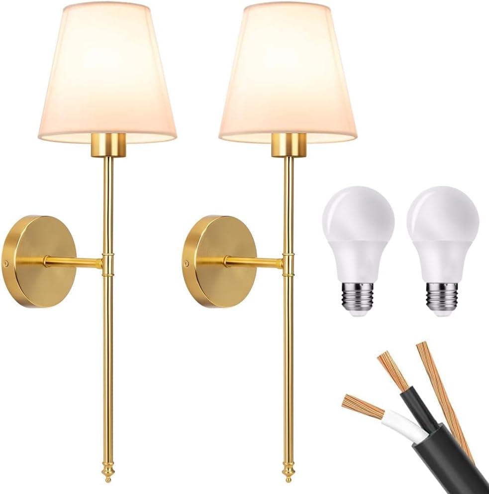 Wall Sconces Sets of 2, Classic Brushed Brass Sconces Wall Lighting, Hardwired Bathroom Vanity Light Fixture with Fabric Shade for Bedroom Living Room Hallway Kitchen (Bulbs Included) (Warm Light)