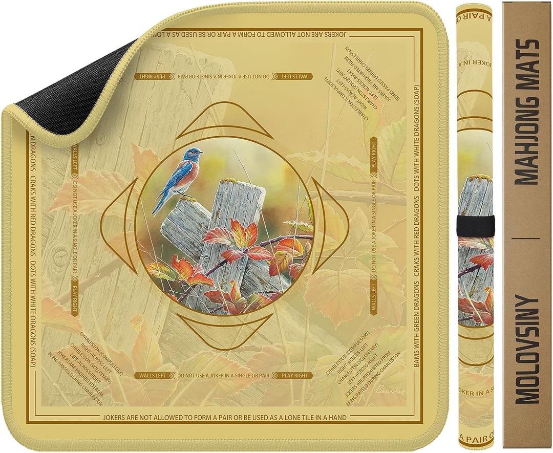 Mahjong Mat 31.5 Inch Square - Non-Slip Durable Table Cover for Mahjong/Card/Domino Games, Rolled Shipping with Storage Pockets & Noise Reduction, Premium Gift for Women(Autumn Bluebird), 31.5 inches x 31.5 inches x 0.08 inches