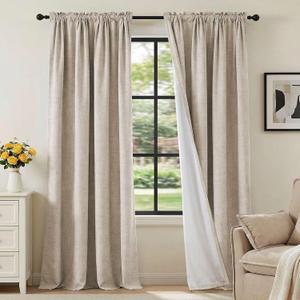 H.VERSAILTEX Linen Look 100% Blackout Curtains 84 Inches Long for Bedroom Full Light Blocking Rod Pocket Linen Textured Thick Window Curtain Drapes with White Backing, Natural, 2 Panels