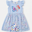 PATPAT Toddler Girl Romper Size 6T, Blue Butterfly Print Ruffle Shoulder Sleeveless Belted Romper Shorts with Mesh Cover Up, Girls Romper 5-6Y