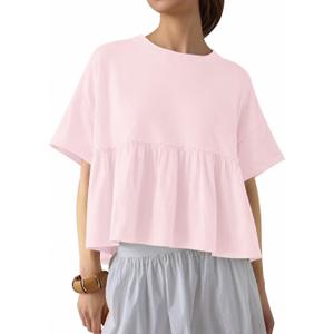 Ziesexy Oversized Babydoll Tops for Women Casual Short Sleeve Crewneck Peplum Shirt Loose Fit Summer T Shirts Pink (Pink, L)
