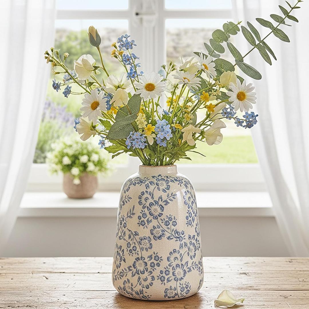 Ceramic Vase Vintage Flower Vase, Blue and White Chinoiserie Floral Decorative Vase, Rustic Retro Farmhouse Crackle Finish Vases for Flowers Home Decor Living Room Centerpieces Office, Blue-03, 7.9
