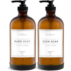 Vine Creations Amber Glass Soap Dispenser, 2 Pack Kitchen Soap Dispenser Set With Rustproof Pump, 16 oz Dish Soap And Hand Soap Dispensers for Bathroom With Waterproof Labels
