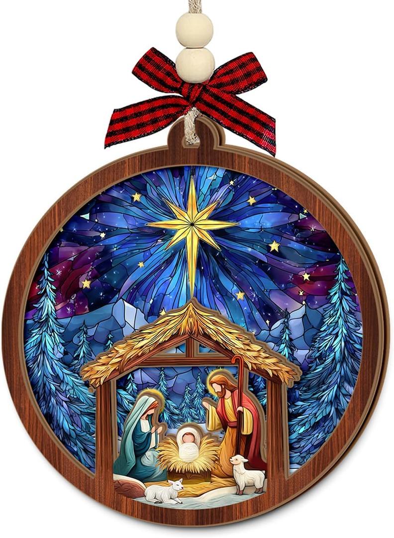 5 x Nativity Christmas Ornament 2025  Holy Family Silent Night Wooden Christmas Decoration, Blue Nativity Ornament, Family Tradition Keepsake  Christian Catholic Gift Exchange Ideas