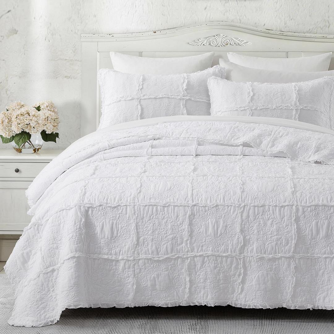 HORIMOTE HOME 100% Cotton Ruffle Quilt Set King Size, White Farmhouse Shabby Chic Bedspread Coverlet, Prewashed Lightweight Soft Breathable Cotton Quilt Bedding Set with 2 Pillowshams for All Season