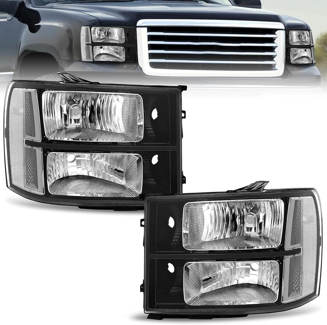 ELH Headlight Assembly Compatible With 2007-2013 GMC Sierra 1500 2008-2014 GMC Sierra 2500 HD 3500 HD Head Lamps Black Housing Clear Relfector