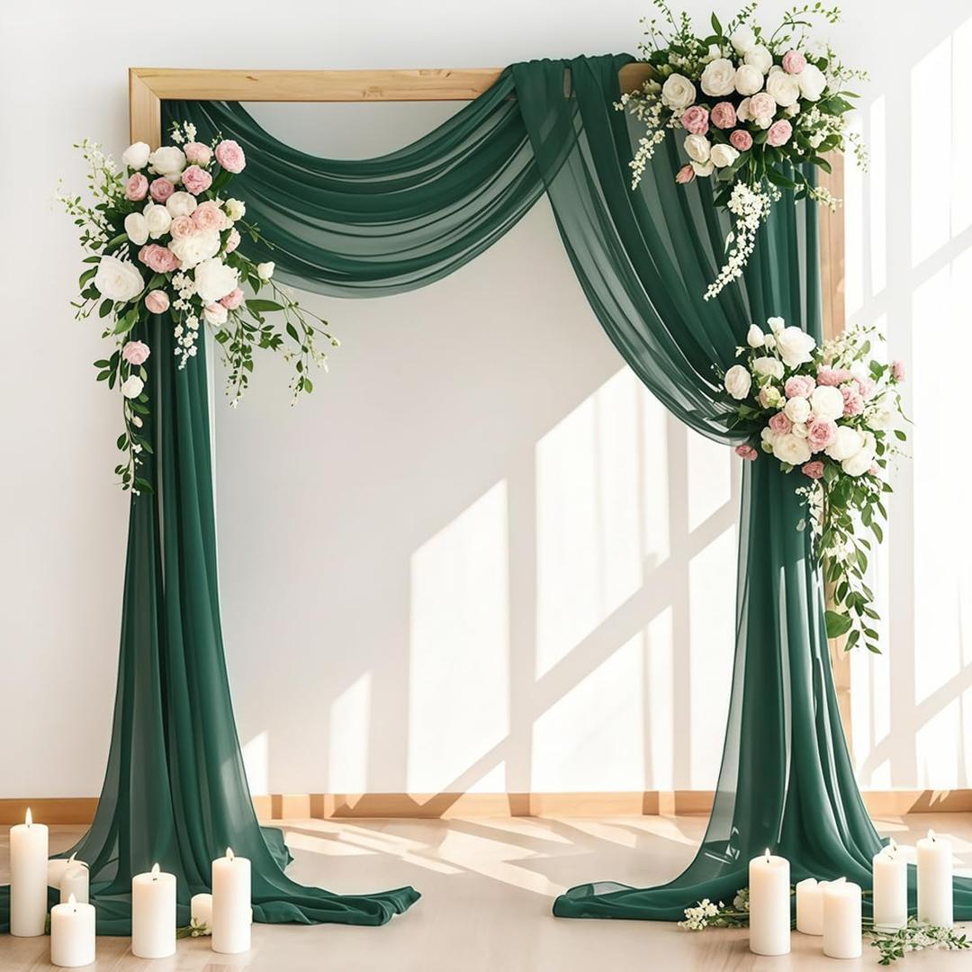 Wedding Arch Draping Fabric 2 Panels 30'' x 18FT Emerald Green Sheer Chiffon Arch Drapery for Photo Booth Bridal Shower Baby Shower Church Decor Newborn Photography Christening Outdoor Party