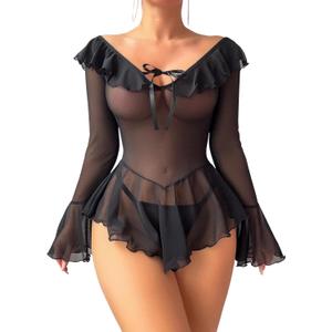 Sexy Lingerie for Women Rave Outfits Clubwear See Through Lingerie Sets Bell Sleeve Ruffle Mesh Tops (X-Large, Black)