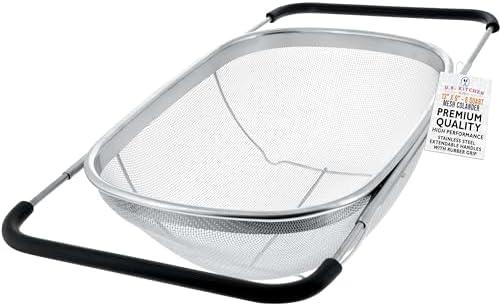 Kitchen Supply Stainless Steel Colander Strainer - 6-Quart Collapsible Colander with Expandable Rubber Handles - Rectangular Sieve, Fine Mesh Stainless Steel Strainers and Colanders for Kitchen