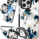 for iPhone 15 Pro Max Case for Women - Cute Kawaii Design Girls Compatible with Magsafe Magnetic Ring Holder Stand Blue Flower Phone Covers Aesthetic Girly TPU Funda for 15 Pro Max