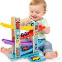 Montessori Toys for Toddlers, Children Race Track Toy with 4 Cars and 1 Wooden Parking Lot, Stable Base, Car Ramp Toy for 1 2 3 Year Old Boy Girl Gifts
