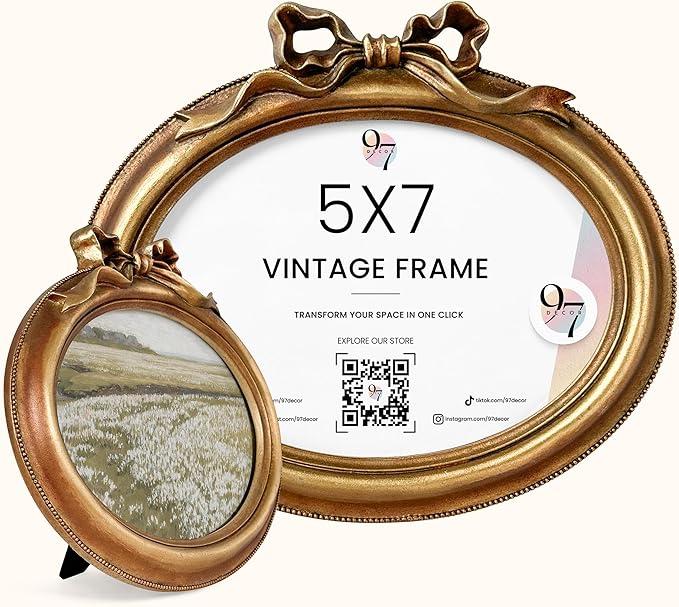 97 Decor Gold Oval Frame 5x7 - Vintage Picture Frames 5x7, Antique Bow Frame 5 x 7 With Glass Front For Tabletop Photo Display And Wall Hanging, Vintage Wall Decor